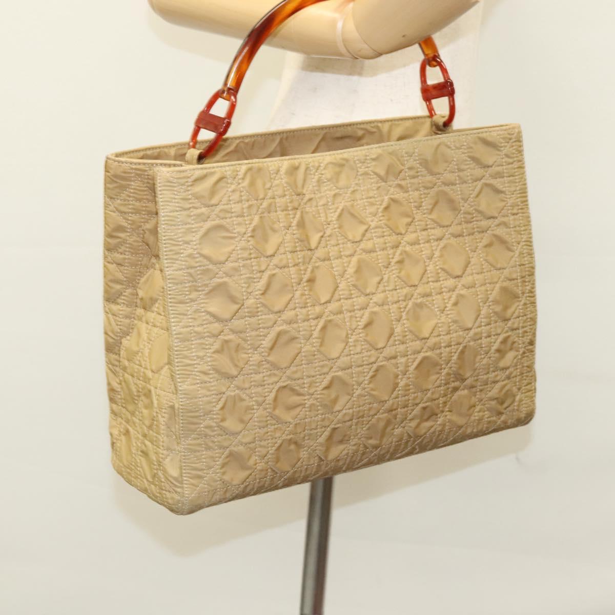 Christian Dior Lady Dior Hand Bag Nylon Plastic Beige Silver Auth sw312