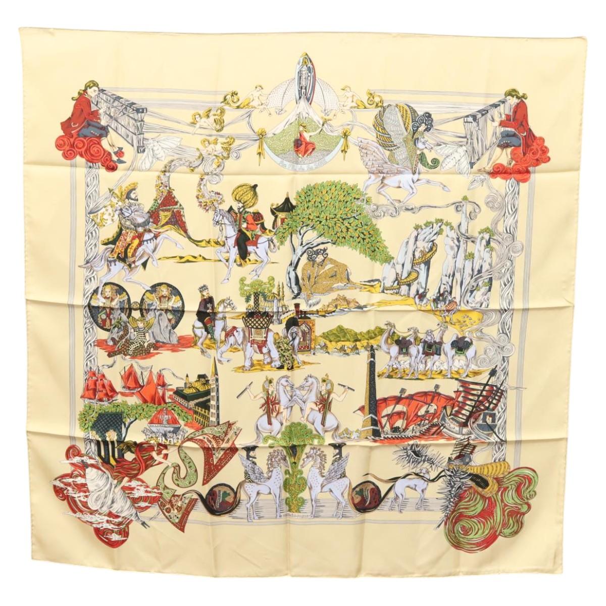 HERMES Carre 90 Scarf ""Au FIL de la SOIE"" Silk Beige Auth sw338