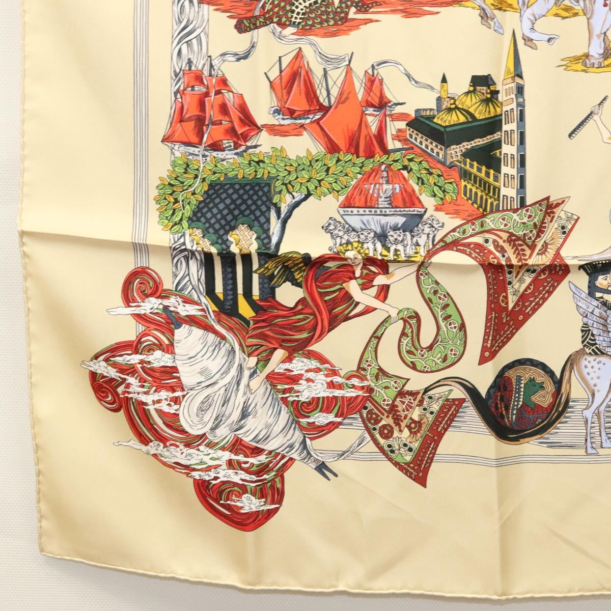 HERMES Carre 90 Scarf ""Au FIL de la SOIE"" Silk Beige Auth sw338