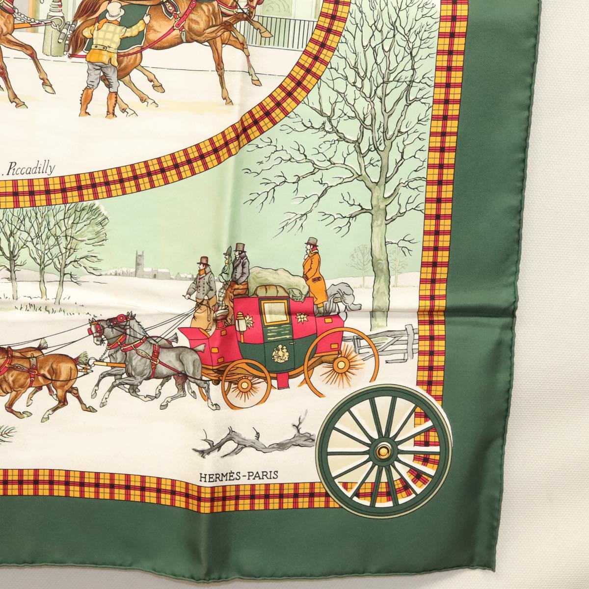 HERMES Carre 90 Scarf ""L’HIVER EN POSTE"" Silk Green Auth sw343
