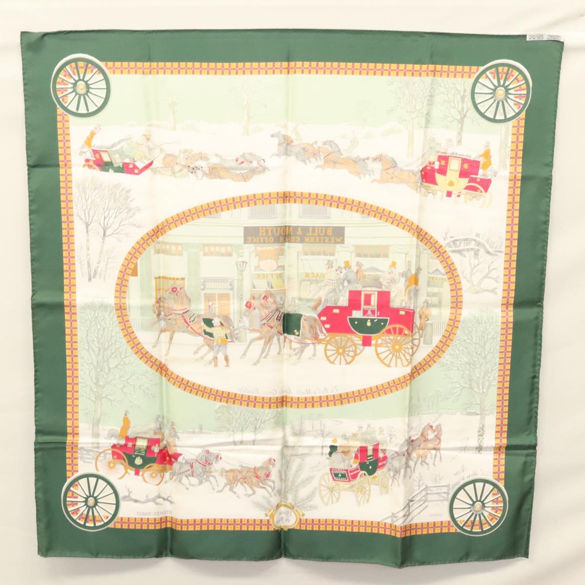 HERMES Carre 90 Scarf ""L’HIVER EN POSTE"" Silk Green Auth sw343