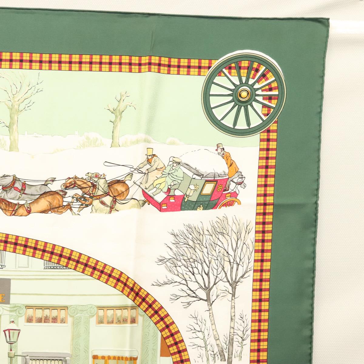 HERMES Carre 90 Scarf ""L’HIVER EN POSTE"" Silk Green Auth sw343