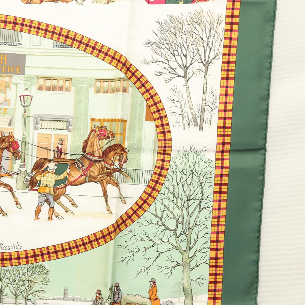 HERMES Carre 90 Scarf ""L’HIVER EN POSTE"" Silk Green Auth sw343