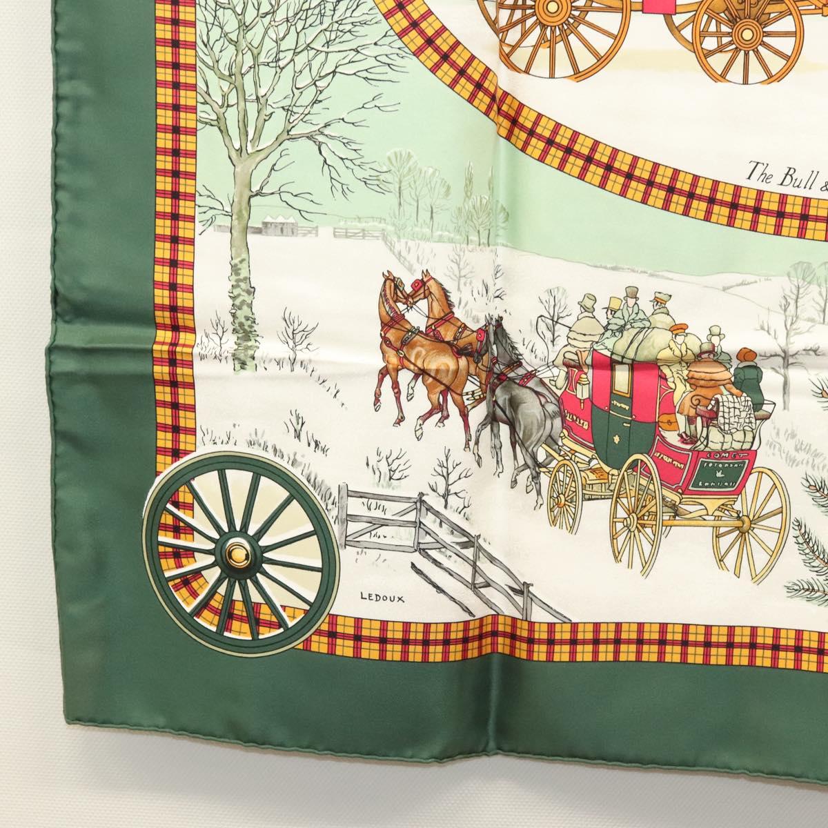 HERMES Carre 90 Scarf ""L’HIVER EN POSTE"" Silk Green Auth sw343