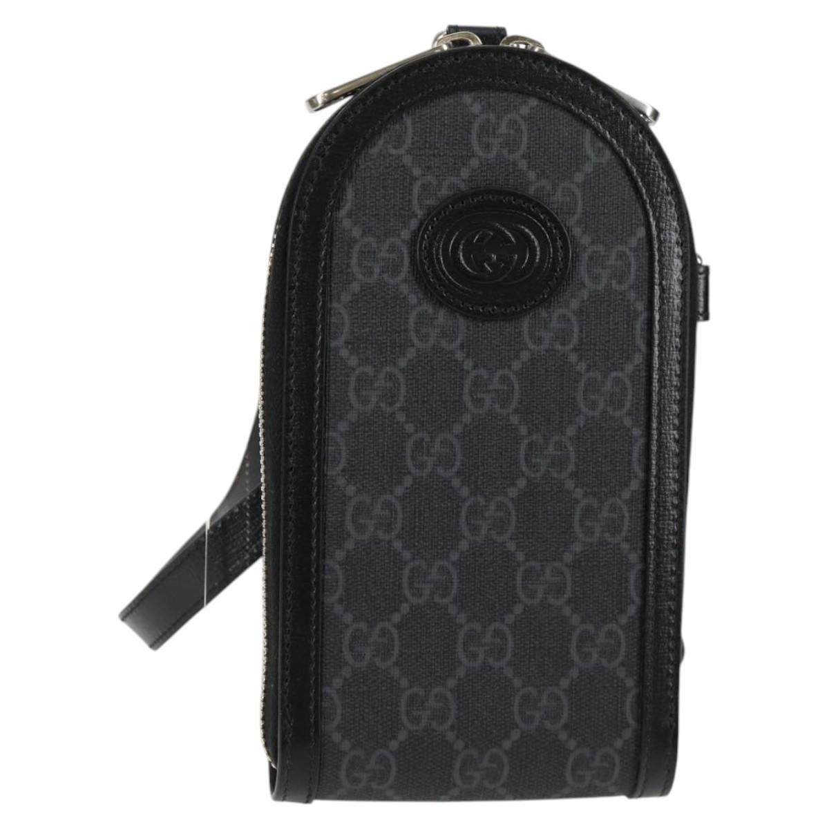 GUCCI GG Supreme Phone Holder Shoulder Bag PVC Black Silver 724357 Auth sw385M