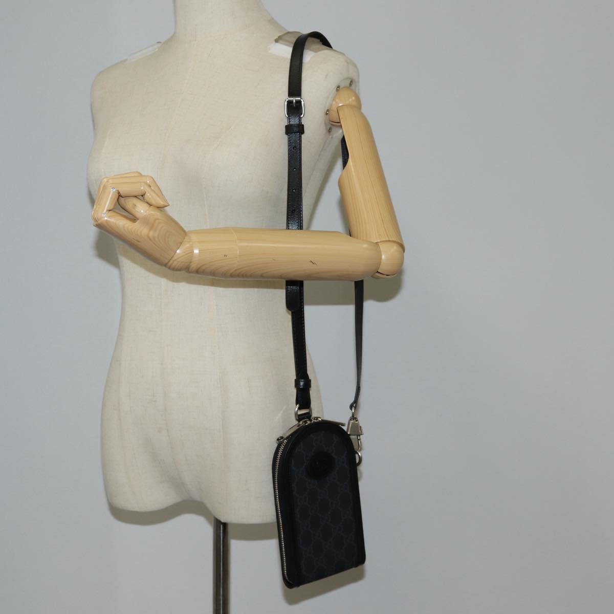 GUCCI GG Supreme Phone Holder Shoulder Bag PVC Black Silver 724357 Auth sw385M