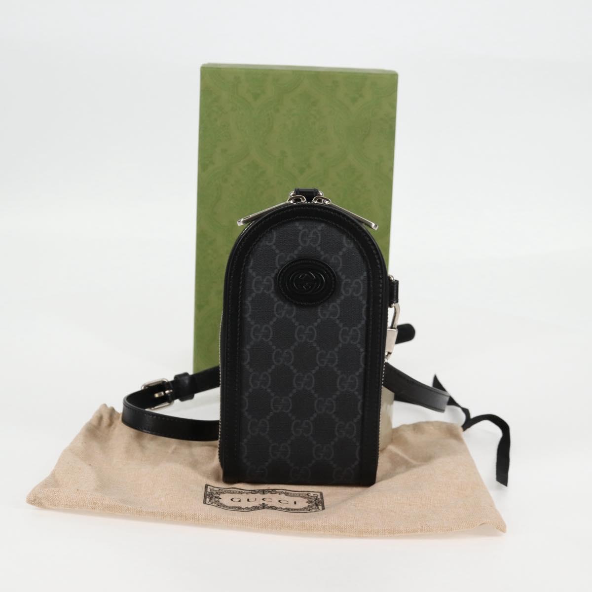 GUCCI GG Supreme Phone Holder Shoulder Bag PVC Black Silver 724357 Auth sw385M