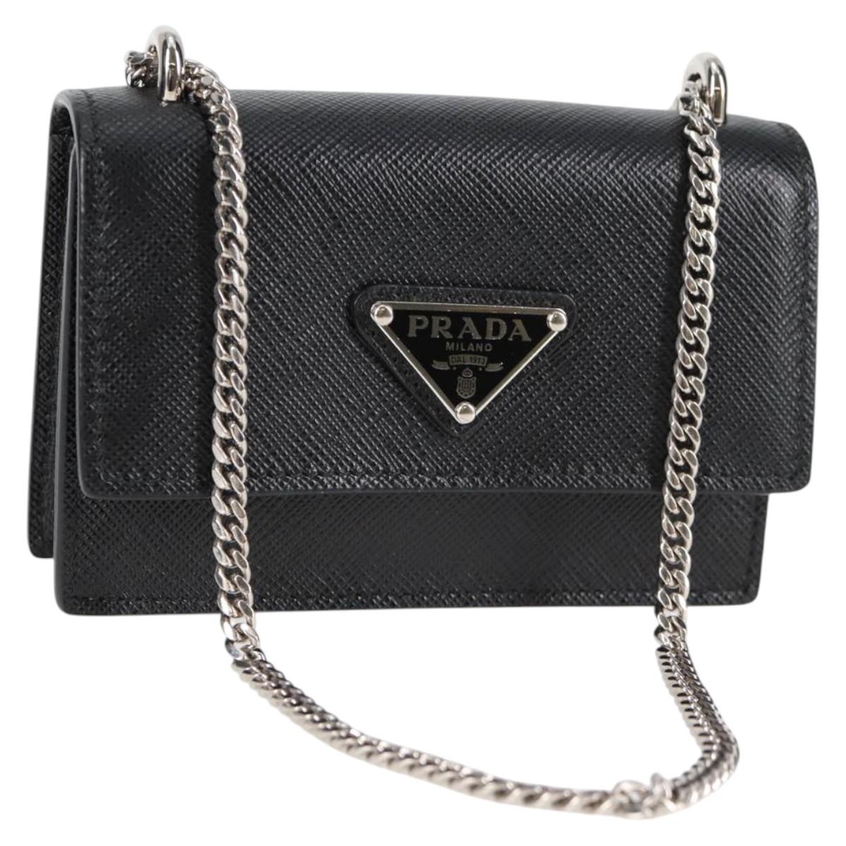 PRADA Chain Card Case Safiano leather Black Auth sw390AM