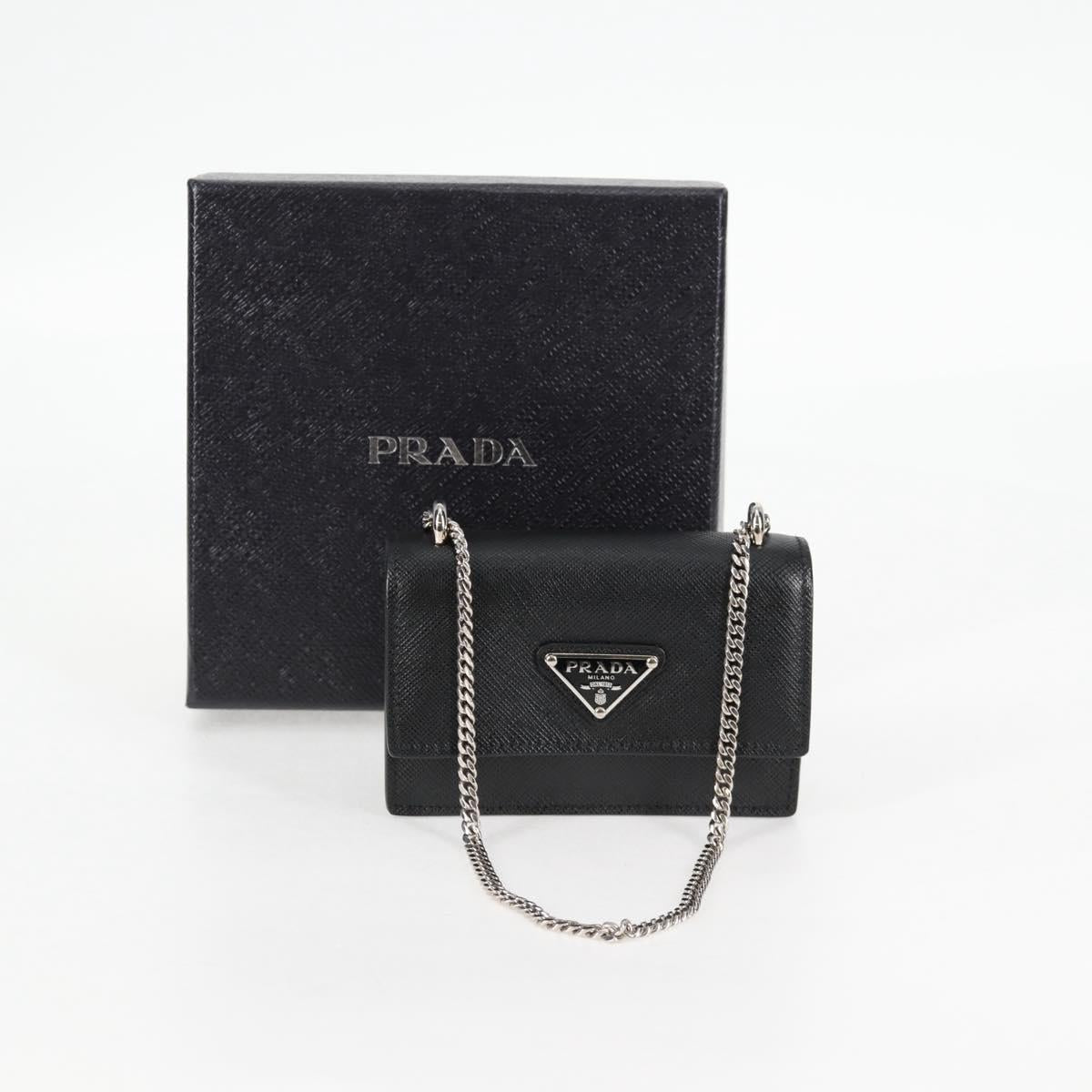PRADA Chain Card Case Safiano leather Black Auth sw390AM