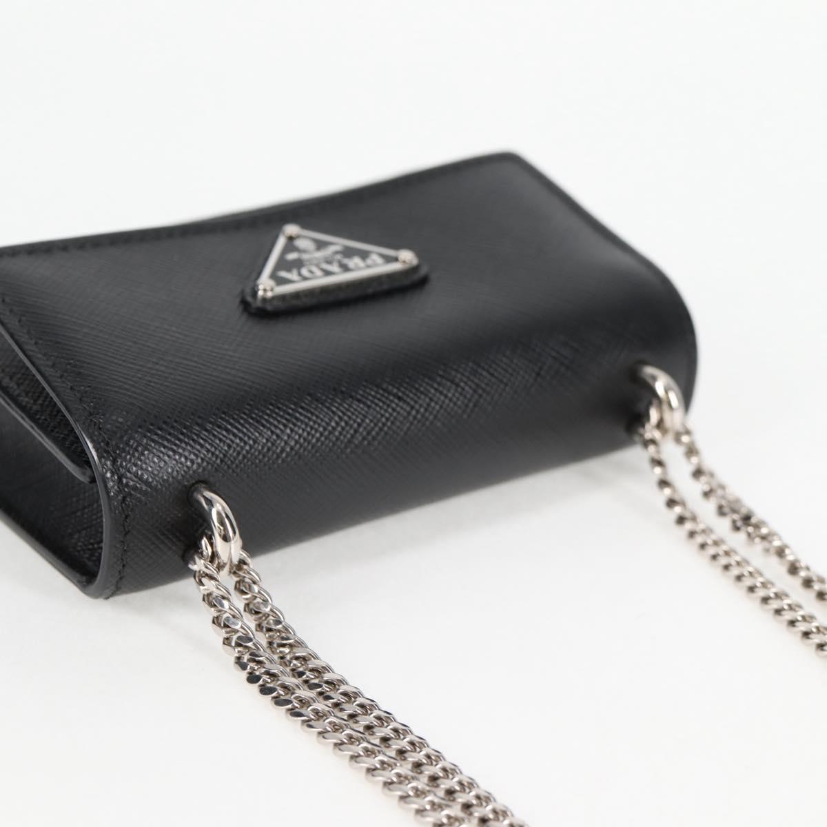 PRADA Chain Card Case Safiano leather Black Auth sw390AM