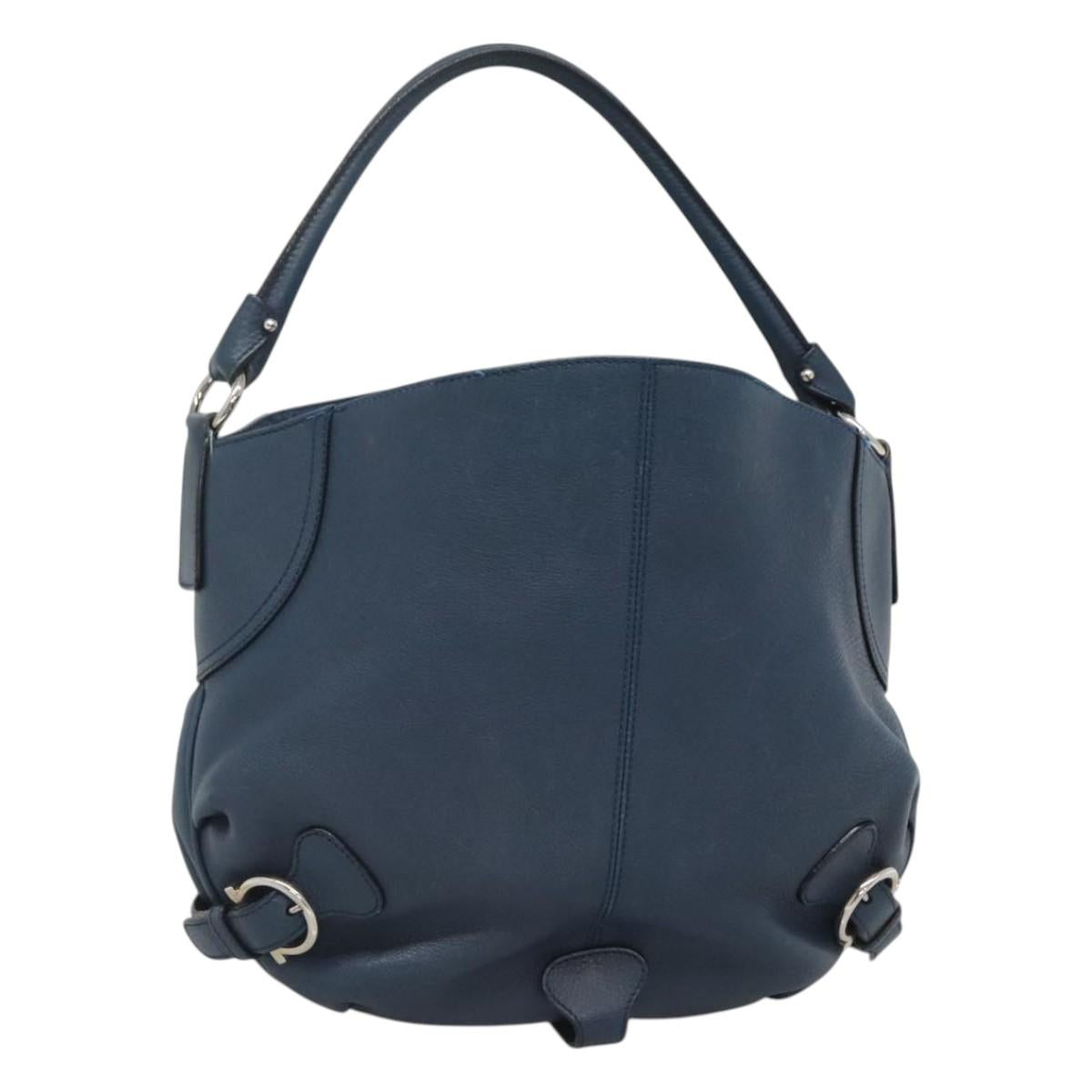 Salvatore Ferragamo Gancini Hand Bag Leather Blue Silver Auth sw420