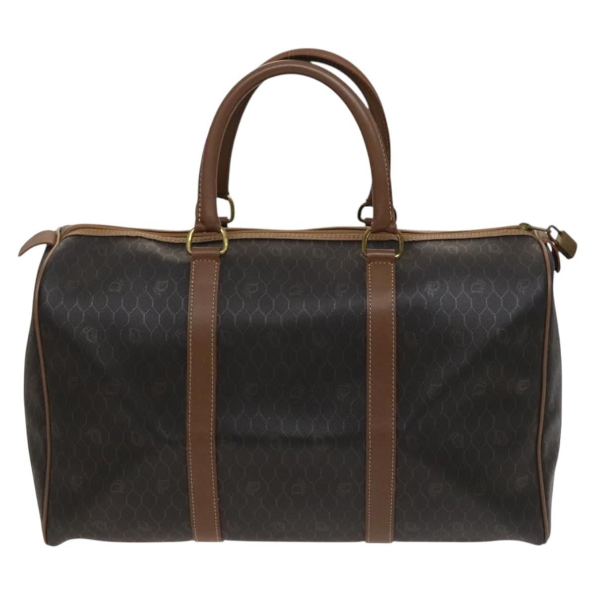 Christian Dior Honeycomb Canvas Boston Bag PVC Leather Black Auth sw438