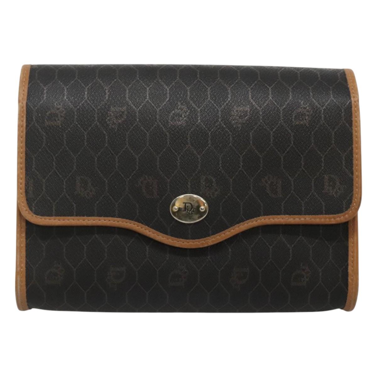 Christian Dior Honeycomb Canvas Shoulder Bag PVC Black Gold Auth sw452