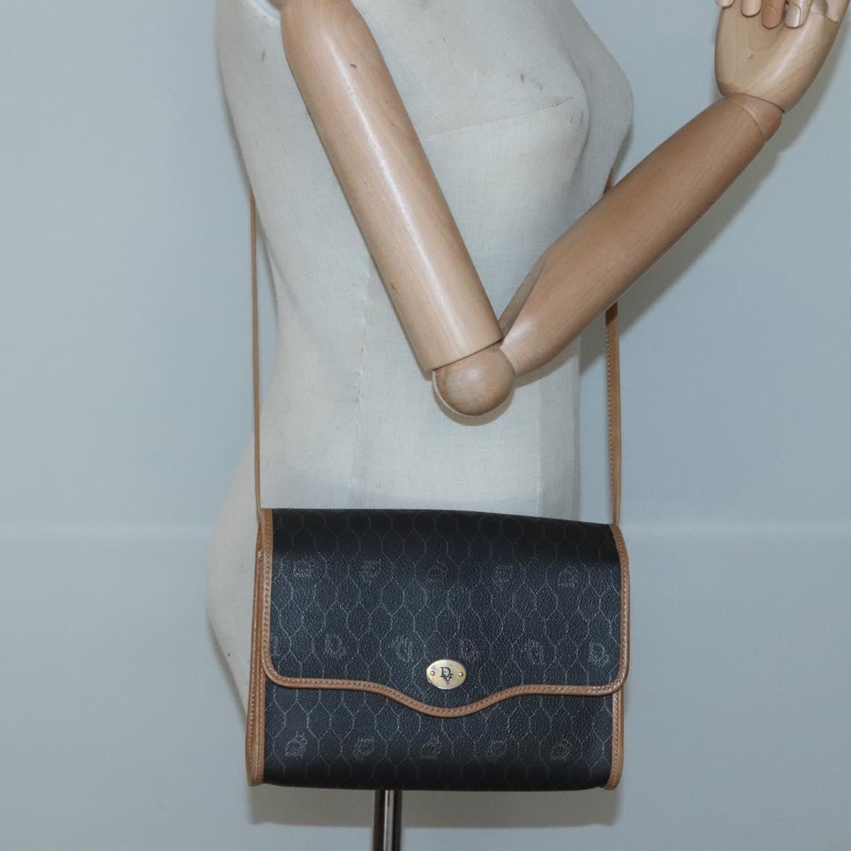 Christian Dior Honeycomb Canvas Shoulder Bag PVC Black Gold Auth sw452