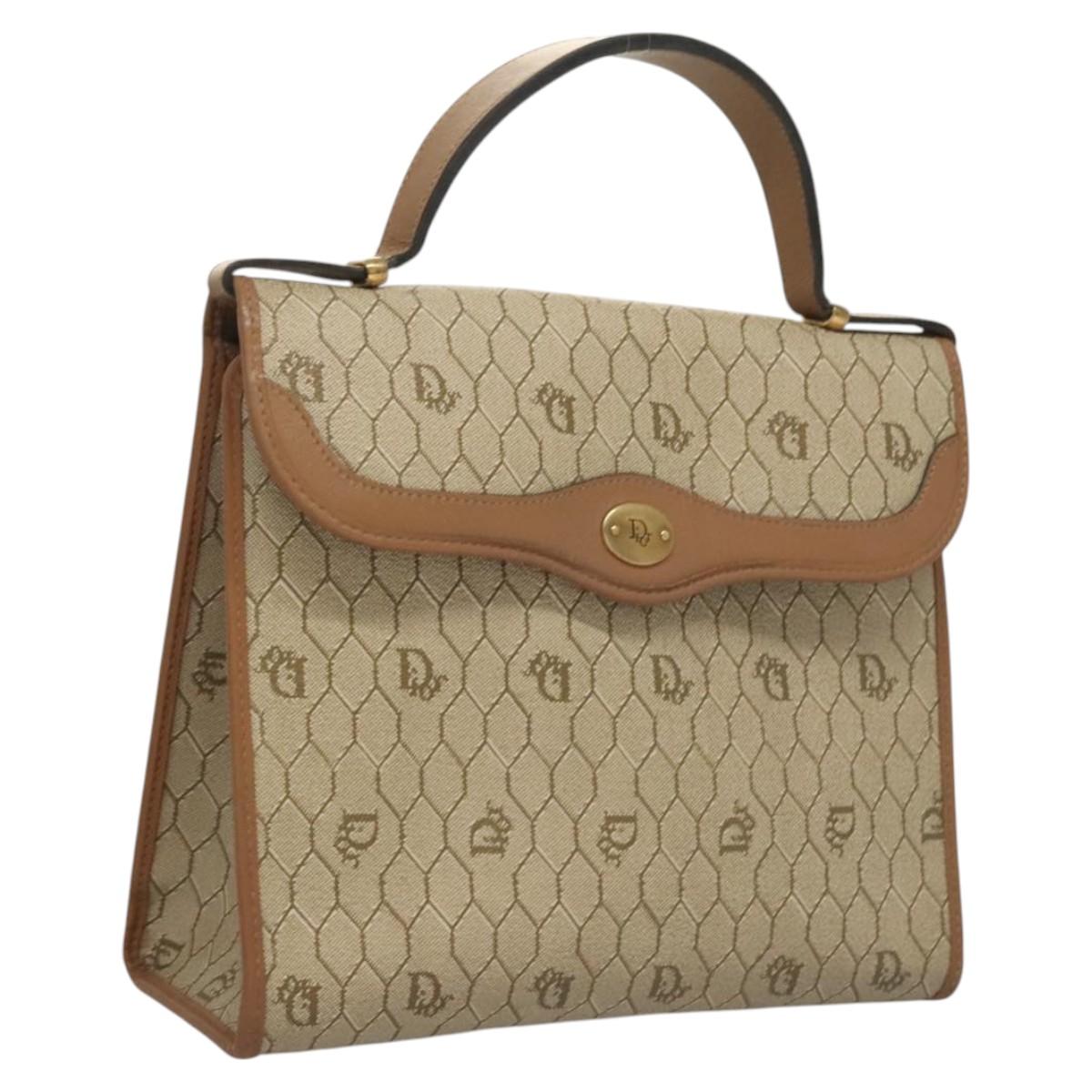 Christian Dior Honeycomb Canvas Hand Bag PVC Leather Beige Auth sw453