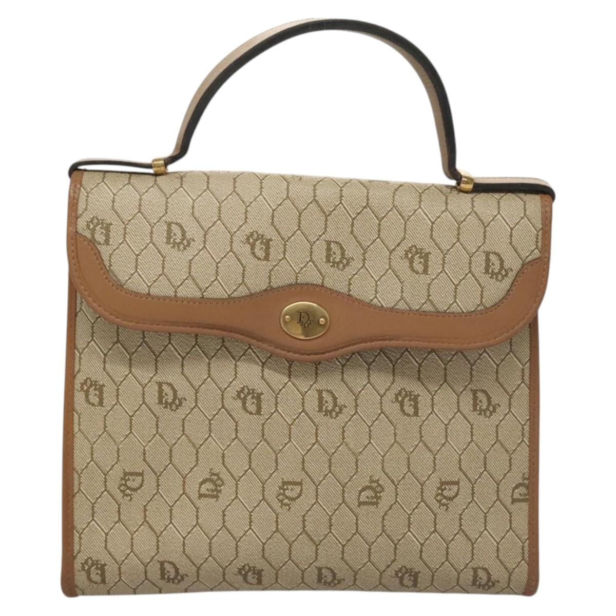 Christian Dior Honeycomb Canvas Hand Bag PVC Leather Beige Auth sw453