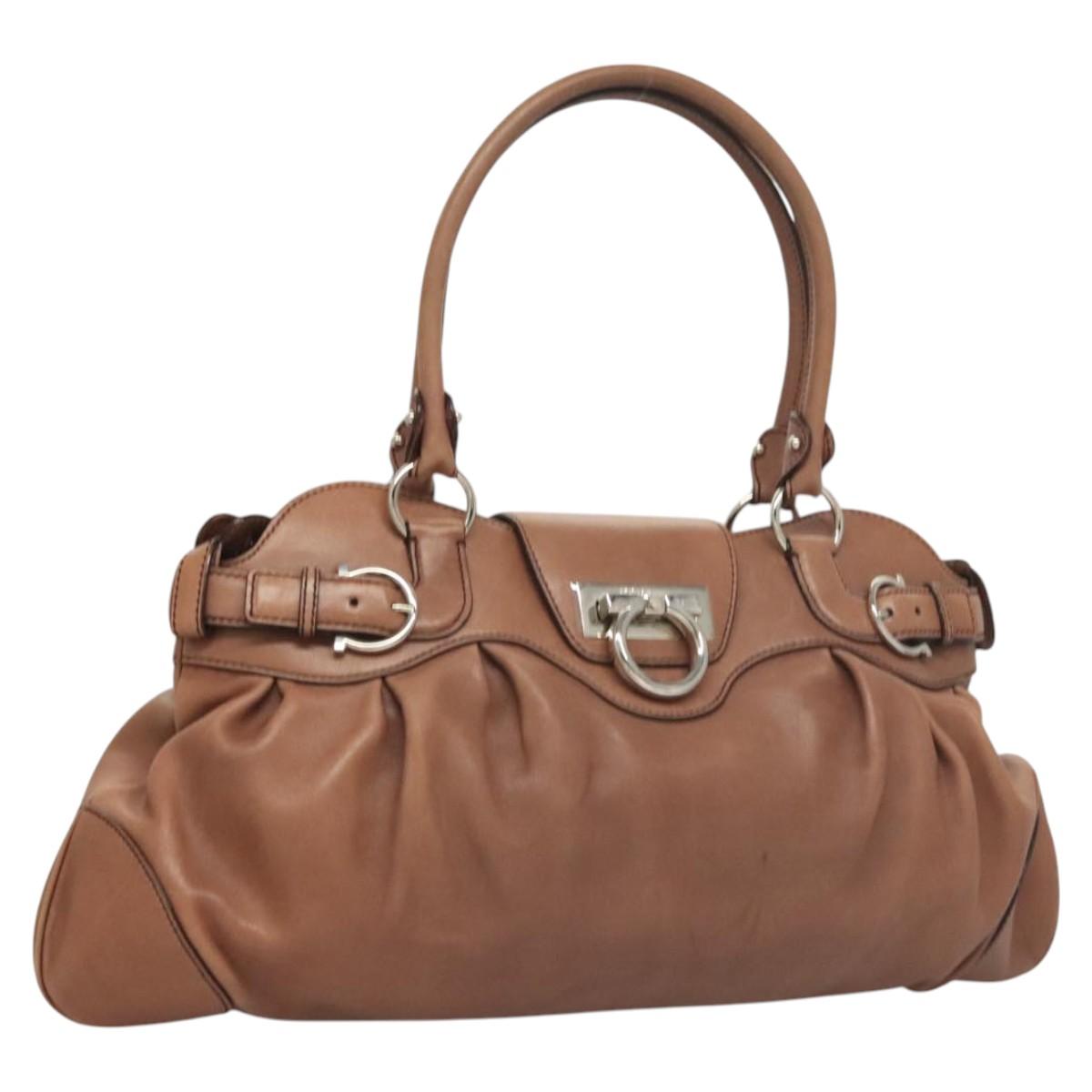 Salvatore Ferragamo Gancini Shoulder Bag Leather Beige Silver Auth sw460