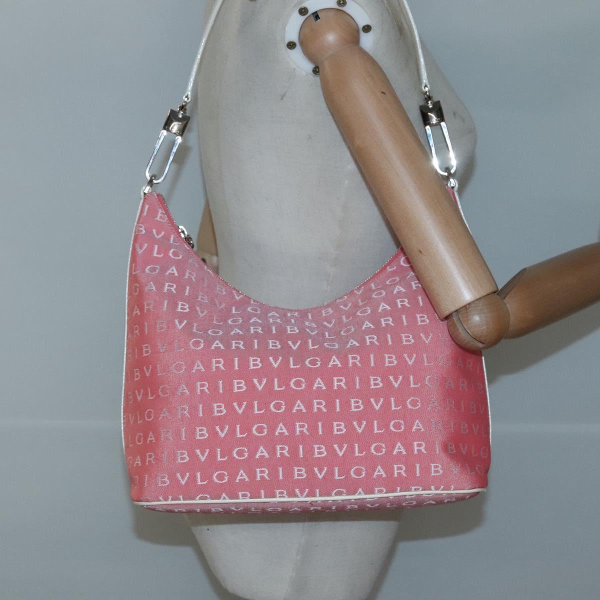 BVLGARI Logo Mania Shoulder Bag Canvas Pink Silver Auth sw464