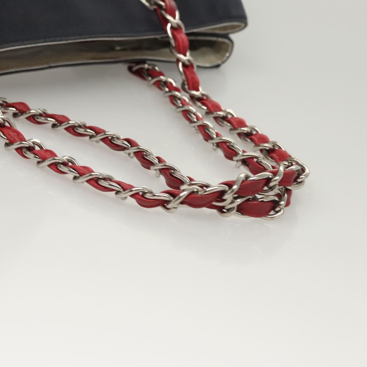 CHANEL Chain Choco Bar line Shoulder Bag Canvas Navy Silver CC Auth sw481