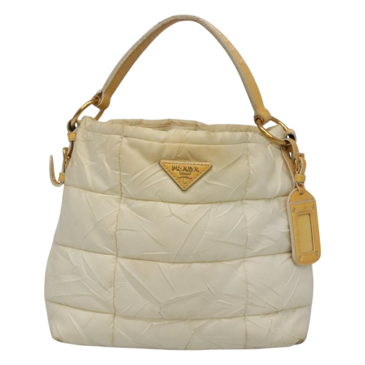 PRADA Hand Bag Nylon White Gold Auth sw500