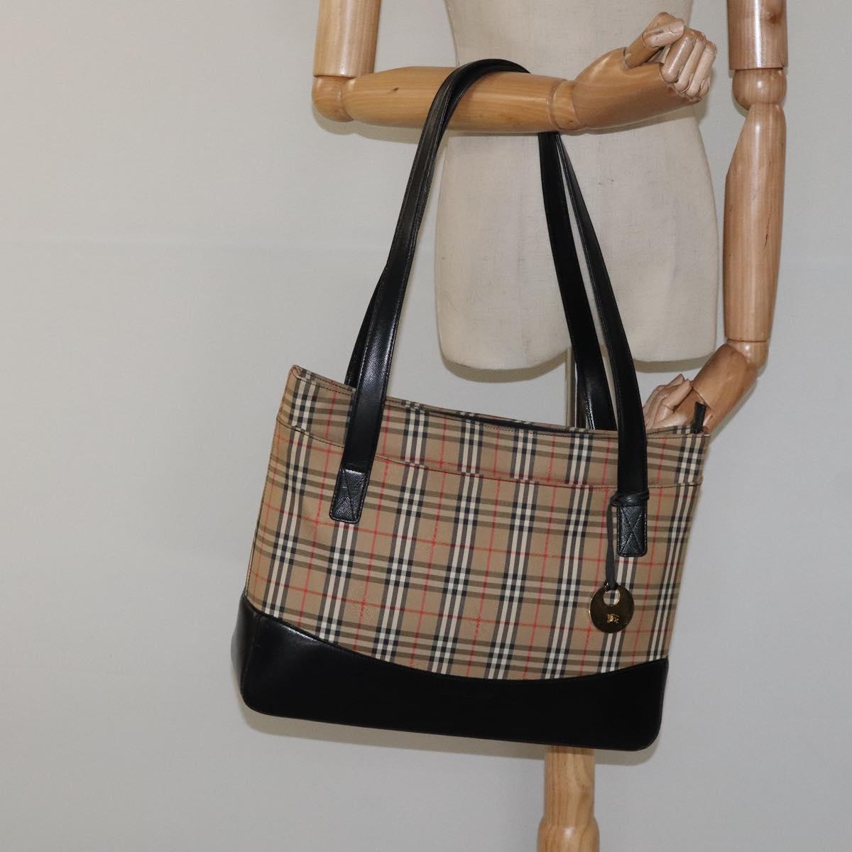 BURBERRY Nova Check Shoulder Bag Canvas Beige Gold Auth sw534