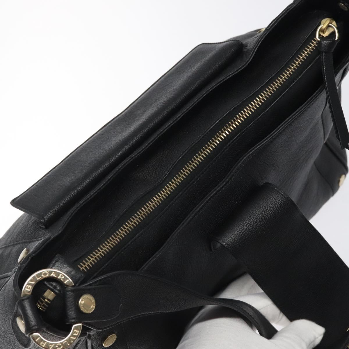 BVLGARI Shoulder Bag Leather Black Gold Auth sw548