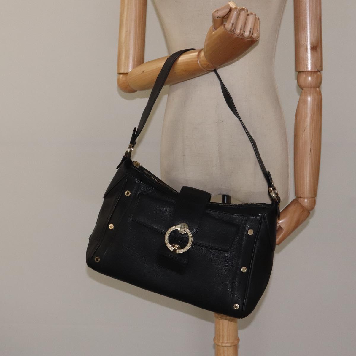 BVLGARI Shoulder Bag Leather Black Gold Auth sw548