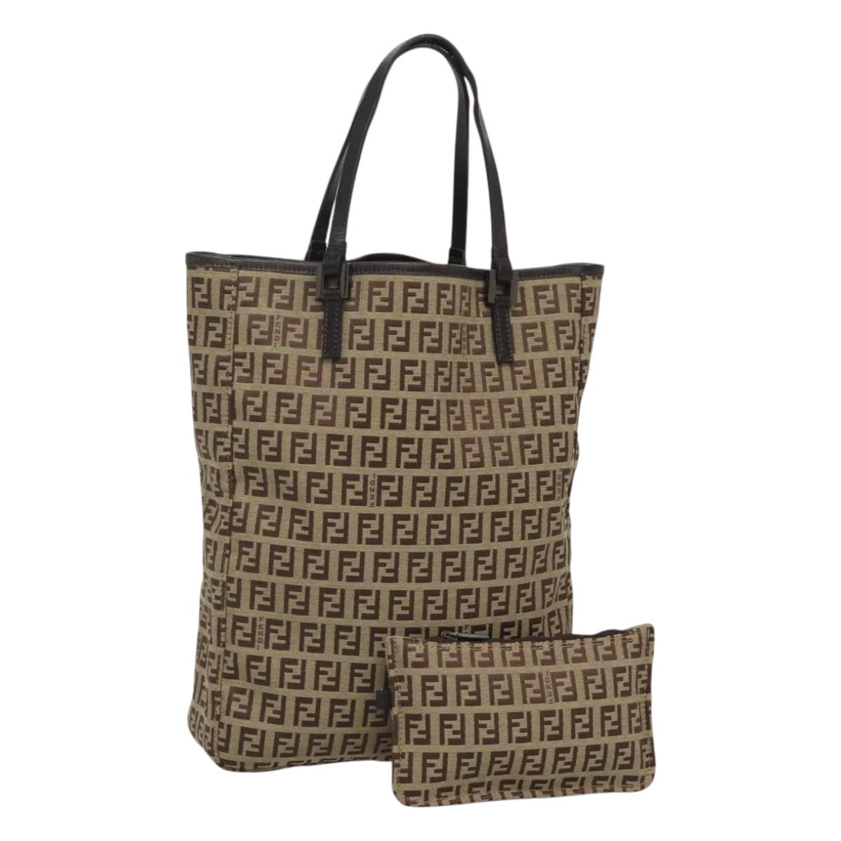 FENDI Zucchino Canvas Tote Bag Beige Silver Auth sw631
