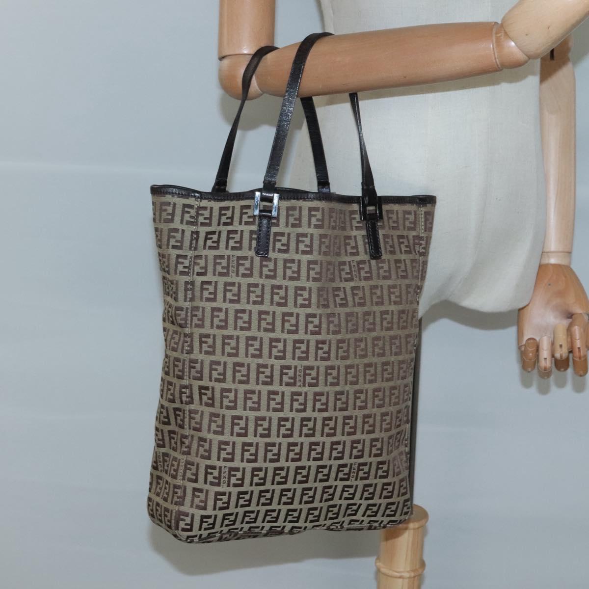 FENDI Zucchino Canvas Tote Bag Beige Silver Auth sw631