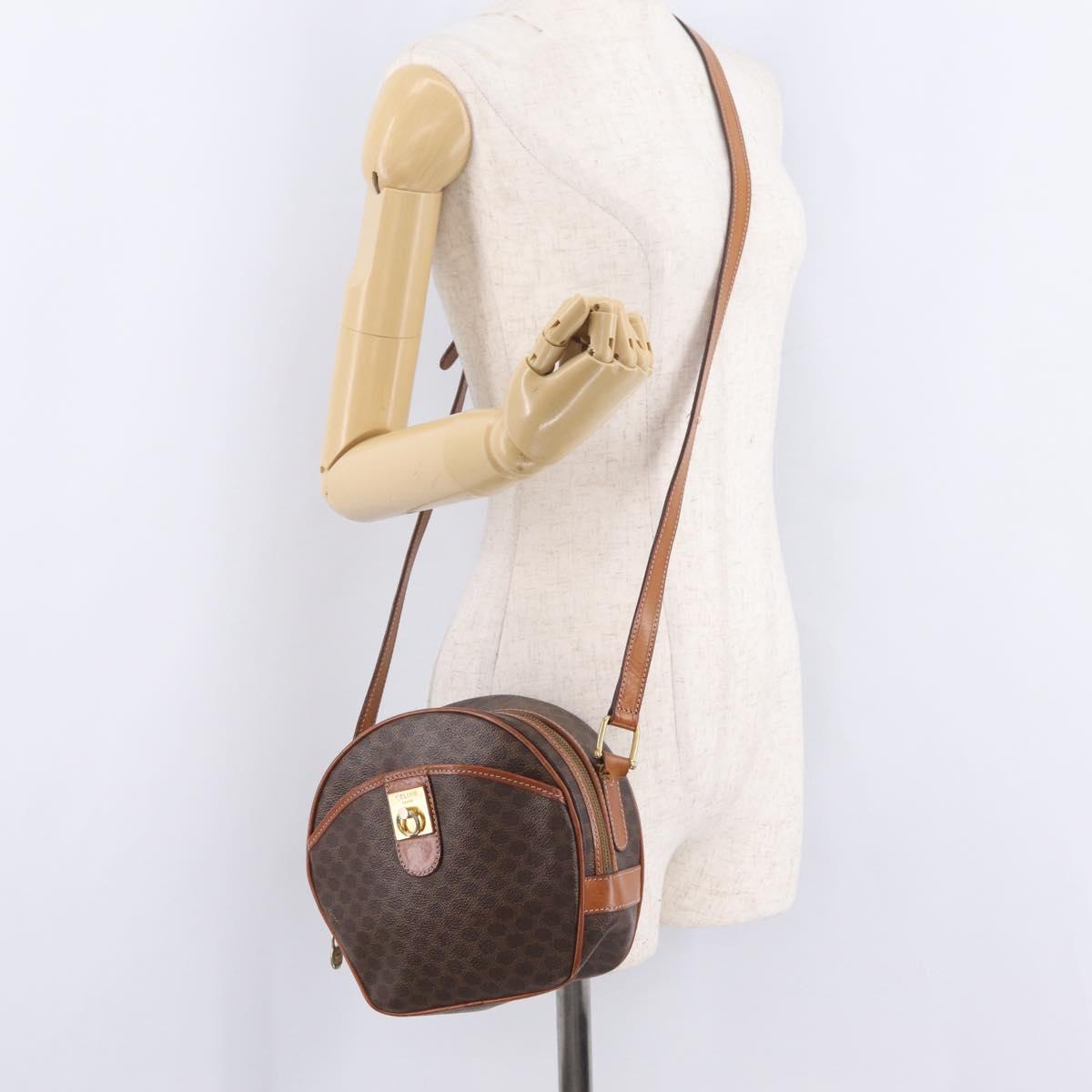 CELINE Macadam Canvas Shoulder Bag PVC Leather Brown Gold Auth sw634