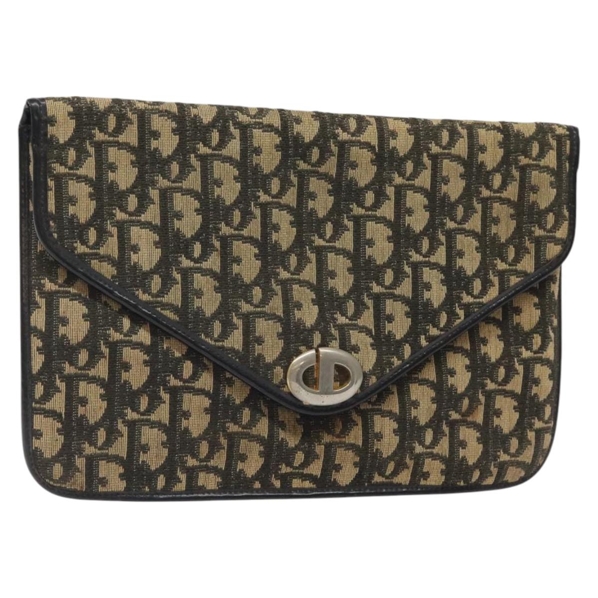 Christian Dior Trotter Canvas Clutch Bag Navy Gold Auth sw646