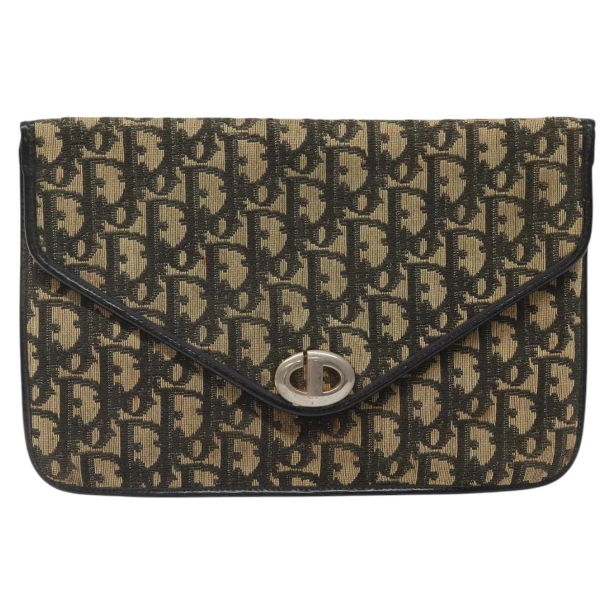 Christian Dior Trotter Canvas Clutch Bag Navy Gold Auth sw646