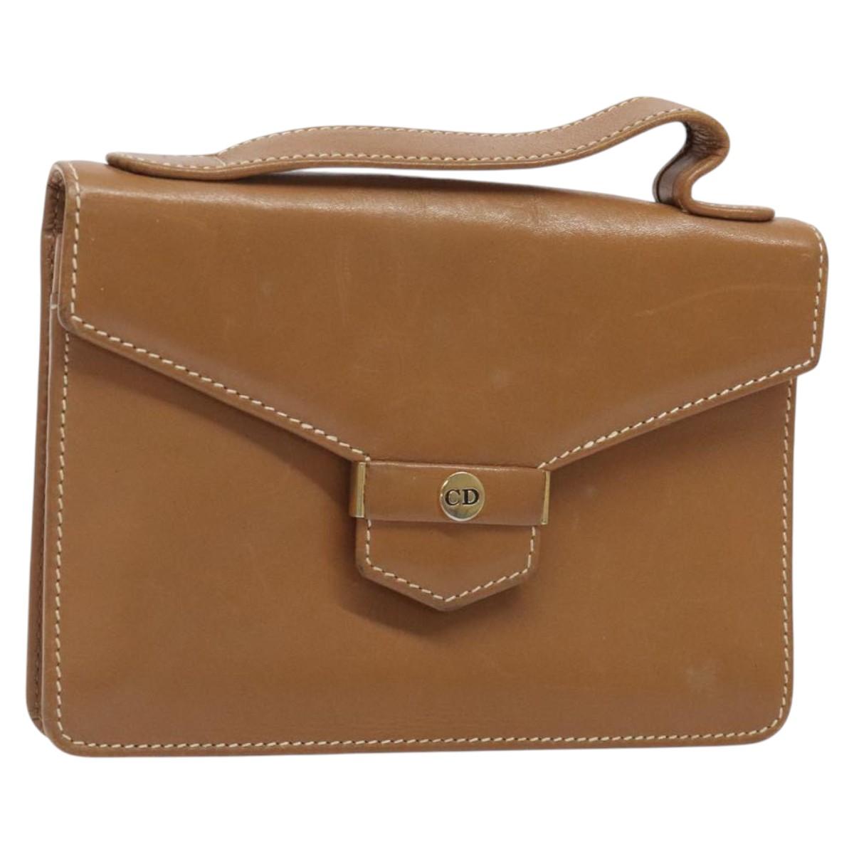Christian Dior Hand Bag Leather Brown Gold Auth sw648