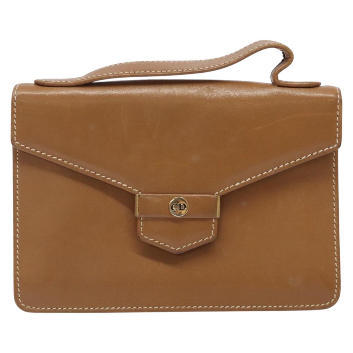 Christian Dior Hand Bag Leather Brown Gold Auth sw648