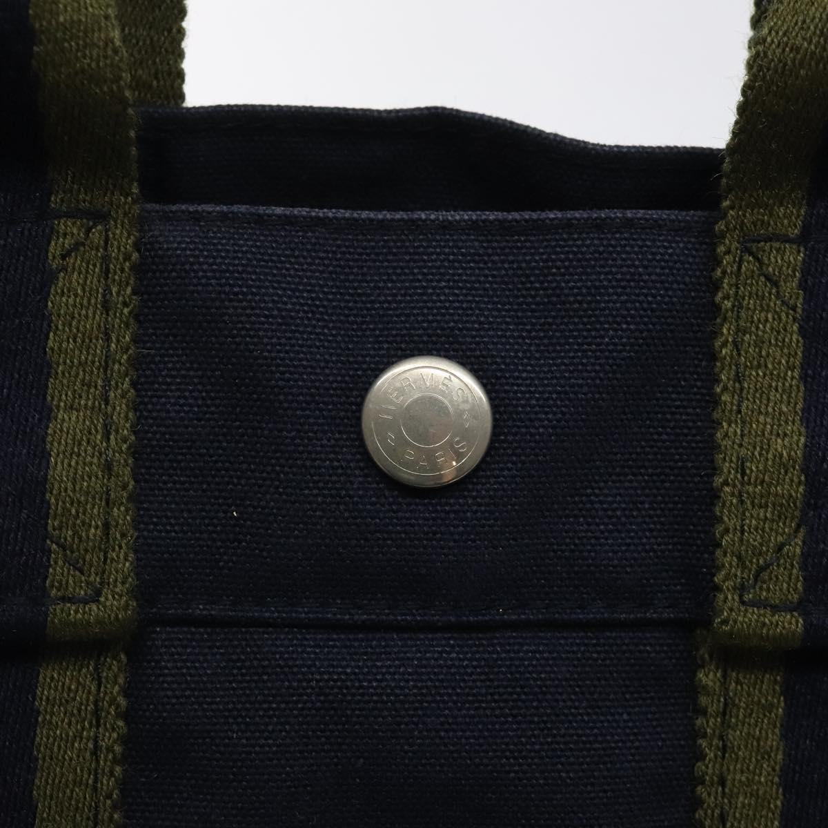 HERMES Fourre Tout PM Hand Bag Canvas Navy Green Silver Auth sw656