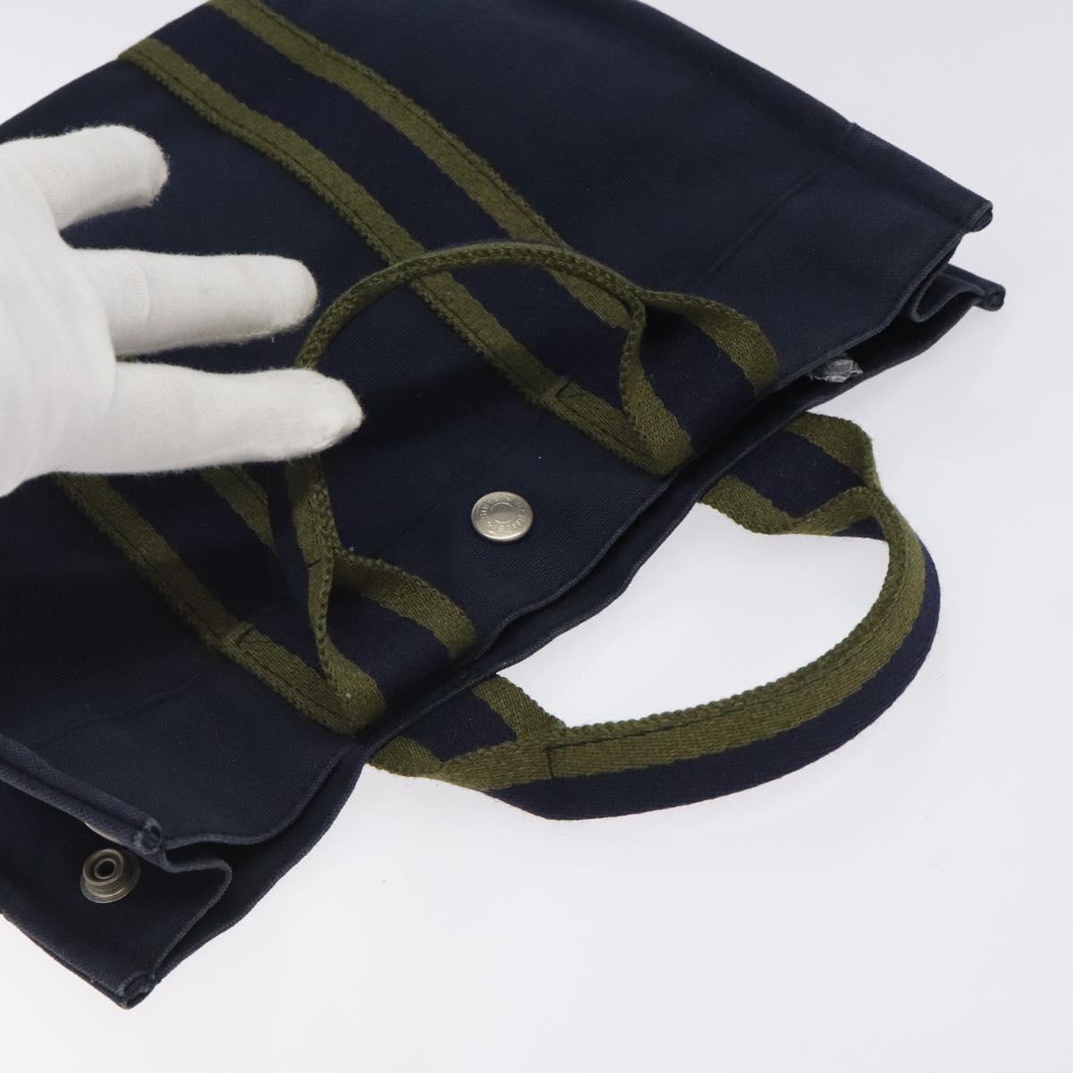 HERMES Fourre Tout PM Hand Bag Canvas Navy Green Silver Auth sw656