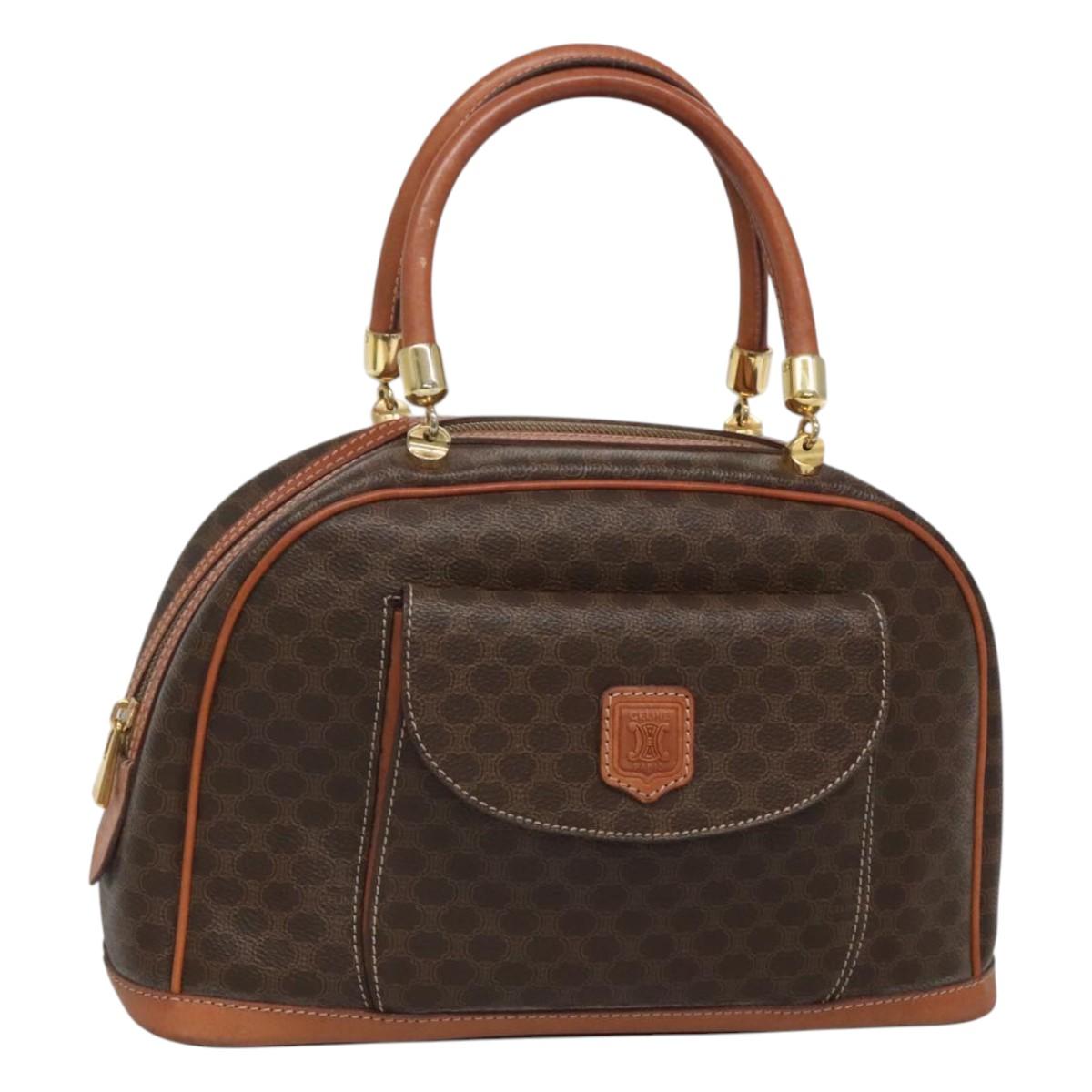 CELINE Macadam Canvas Hand Bag PVC Leather Brown Gold Auth sw658