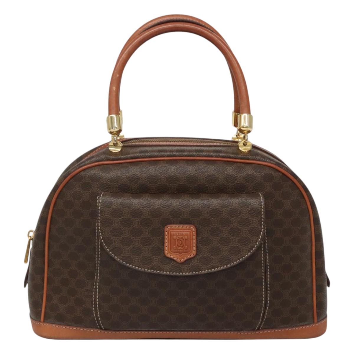 CELINE Macadam Canvas Hand Bag PVC Leather Brown Gold Auth sw658