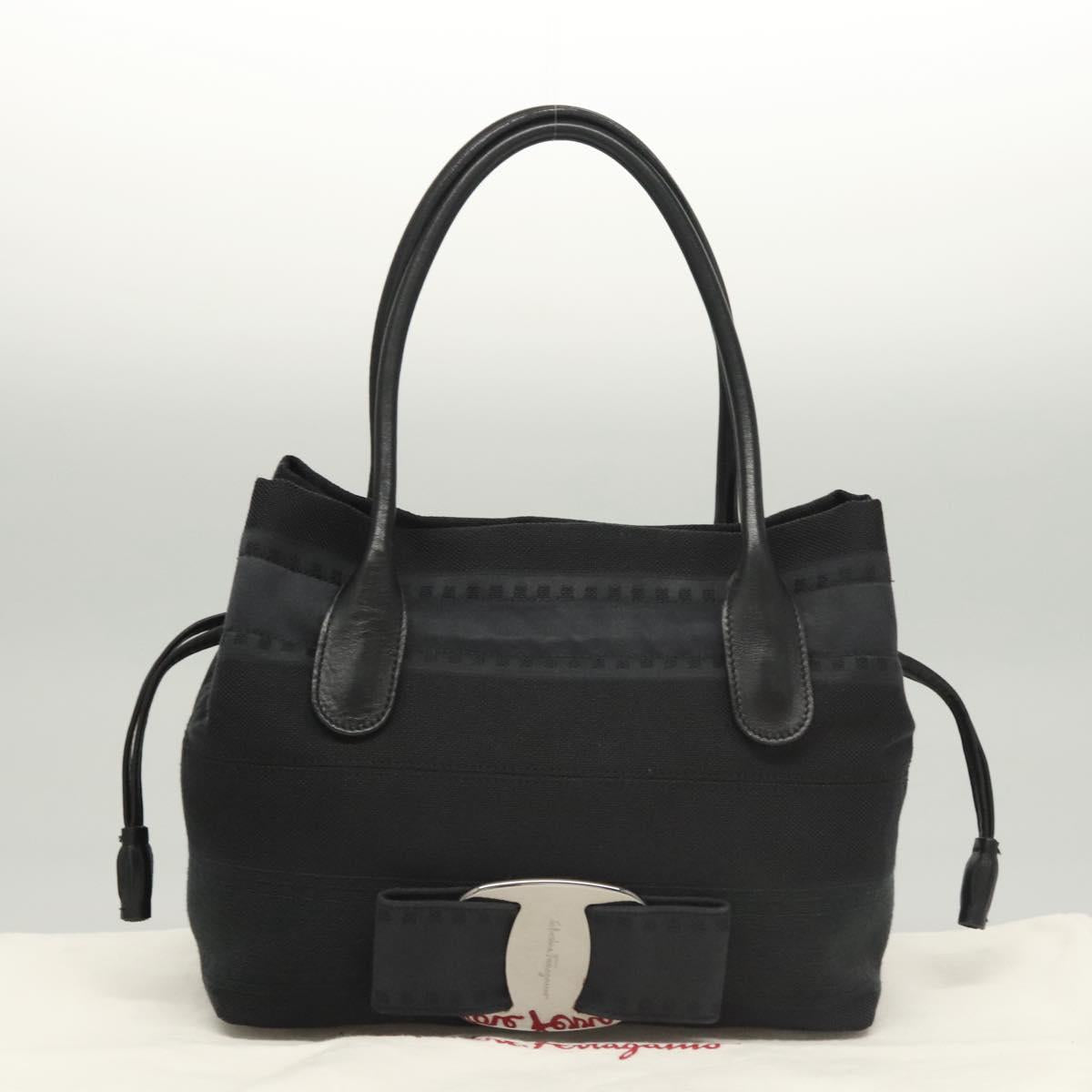 Salvatore Ferragamo Hand Bag Canvas Navy Silver Auth sw699