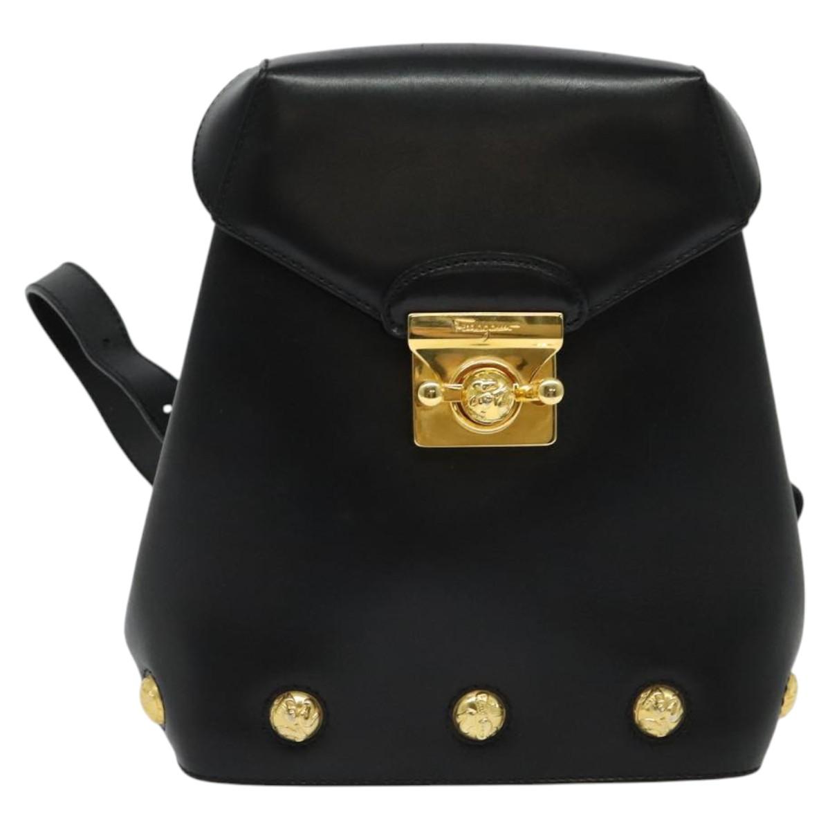 Salvatore Ferragamo Backpack Leather Black Gold Auth sw700