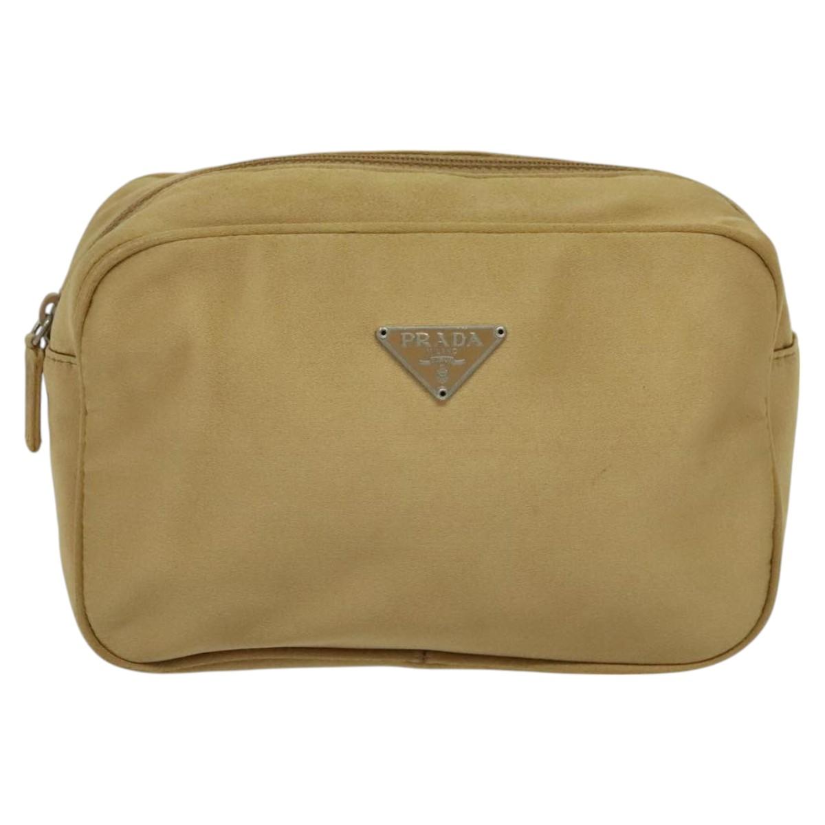 PRADA Pouch Satin Beige Silver Auth sw718