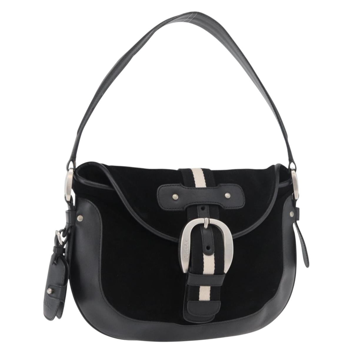 BALLY Shoulder Bag Suede Leather Black Silver Auth sw721A