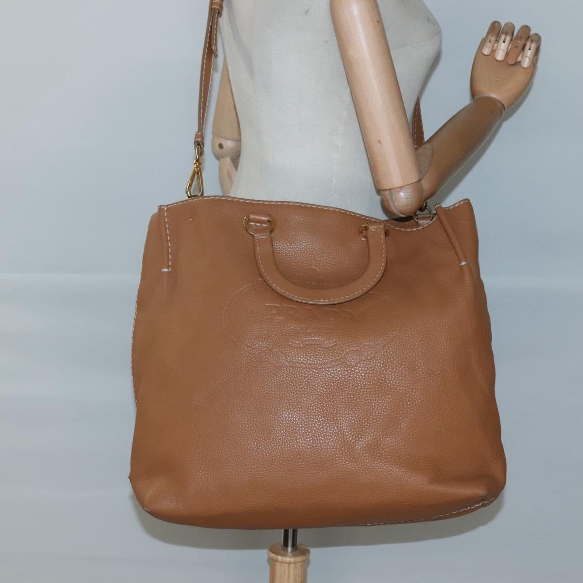 PRADA Hand Bag Leather 2way Beige Gold Auth sw742