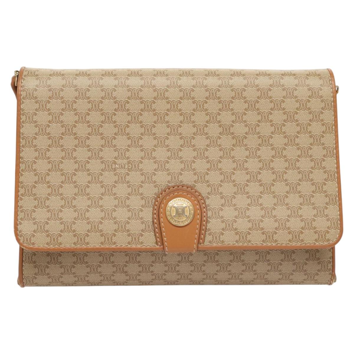 CELINE Macadam Canvas Shoulder Bag PVC Beige Gold Auth sw761