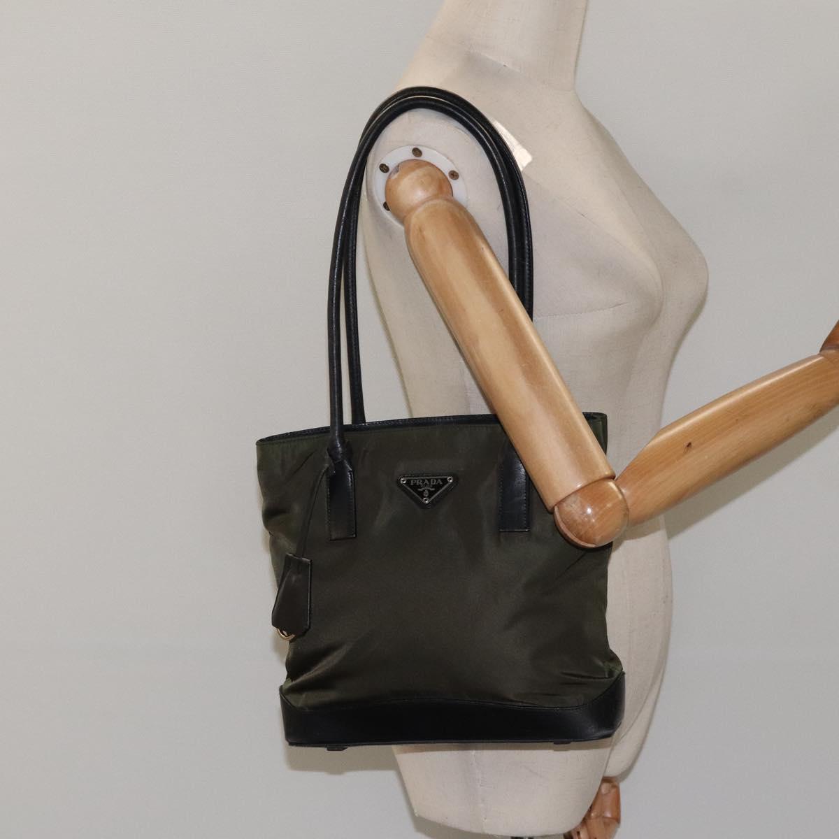 PRADA Tote Bag Nylon Khaki Silver Auth SW785