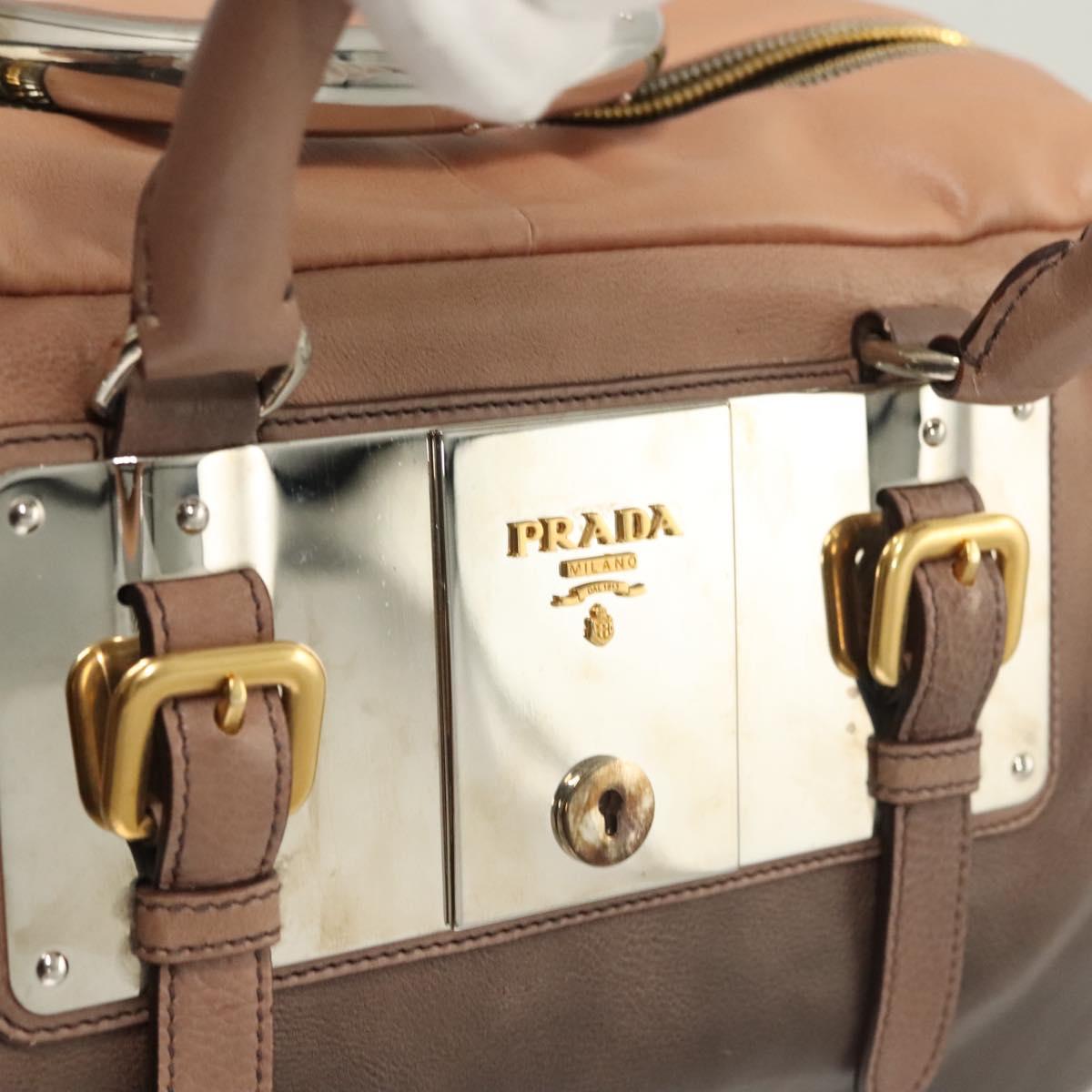 PRADA Hand Bag Leather Beige Gold Silver Auth SW797