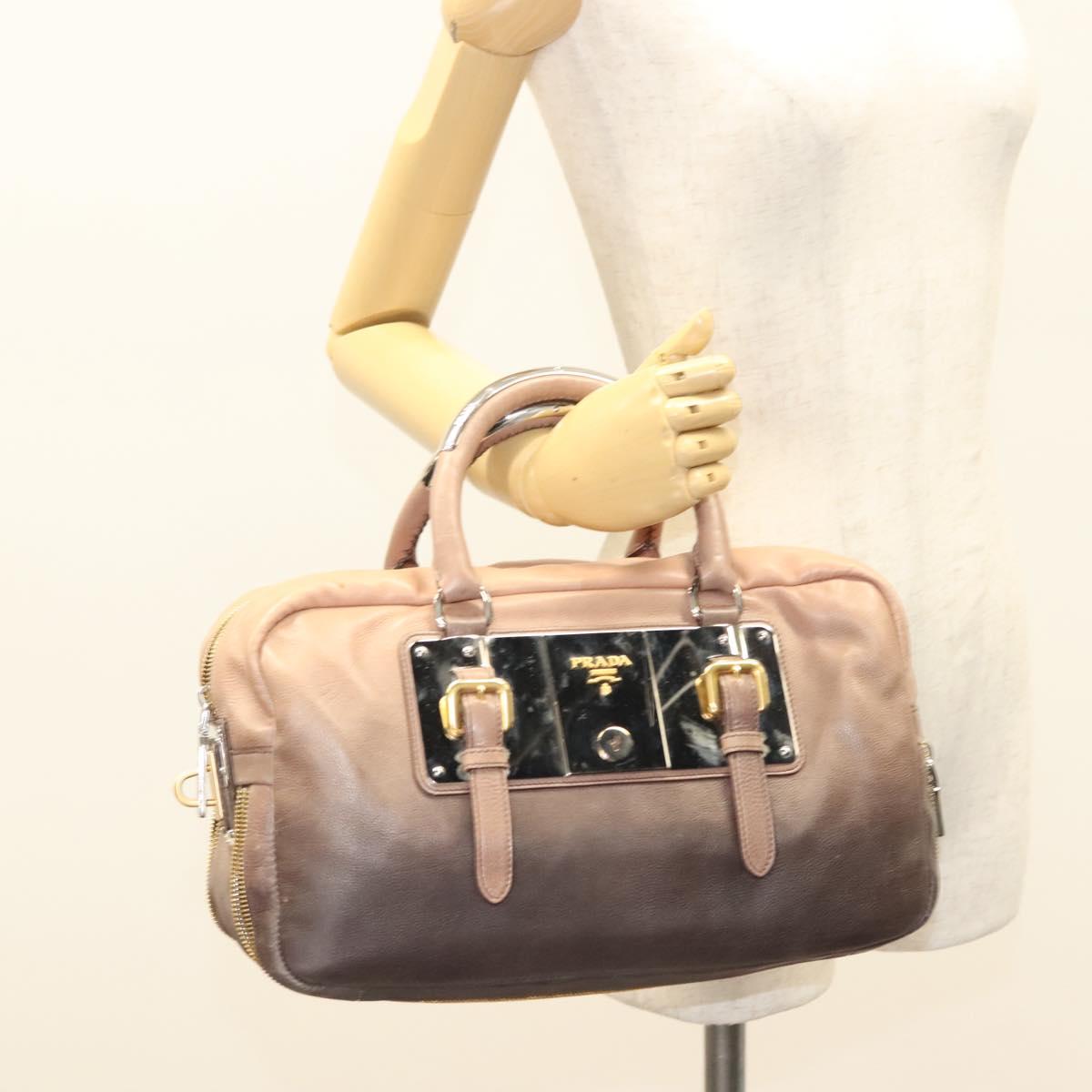 PRADA Hand Bag Leather Beige Gold Silver Auth SW797