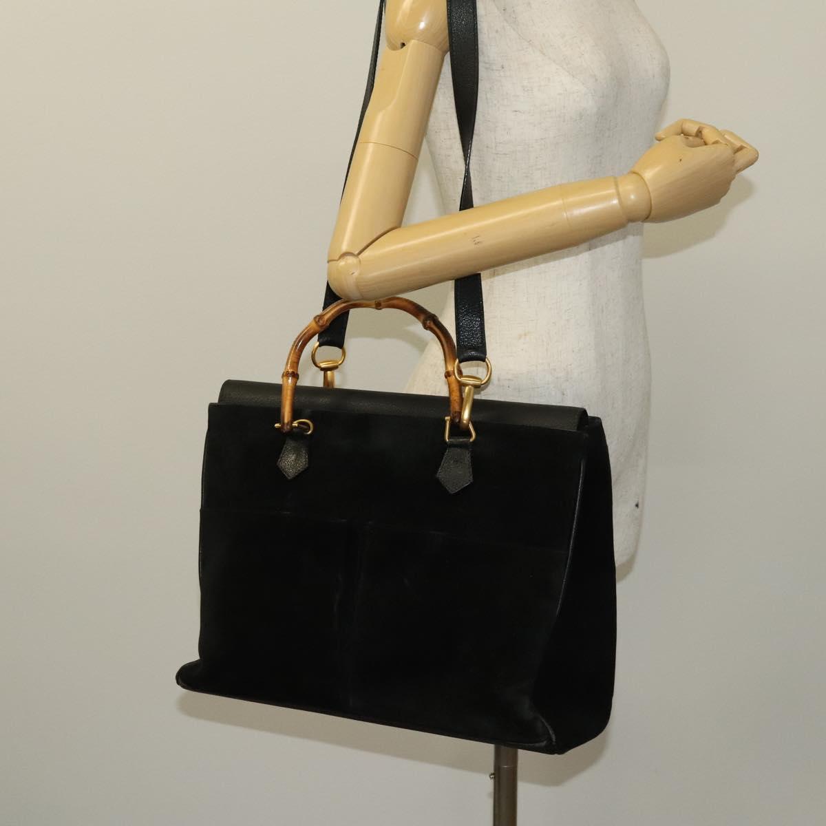 GUCCI Bamboo Hand Bag Suede 2way Black Gold 002 123 0322 Auth SW806