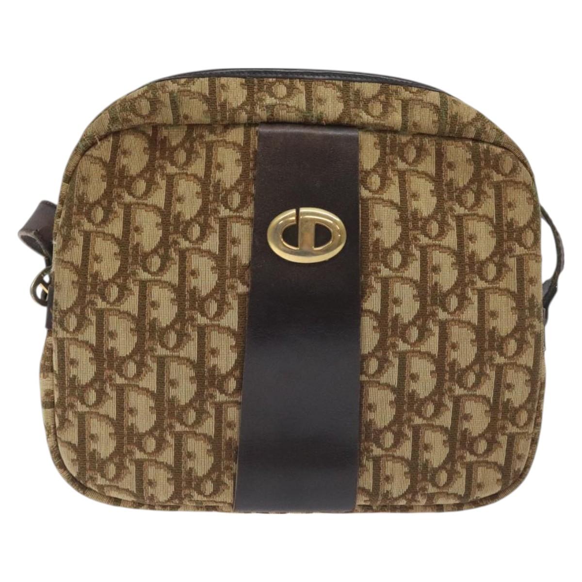 Christian Dior Trotter Canvas Shoulder Bag Brown Gold Auth SW985