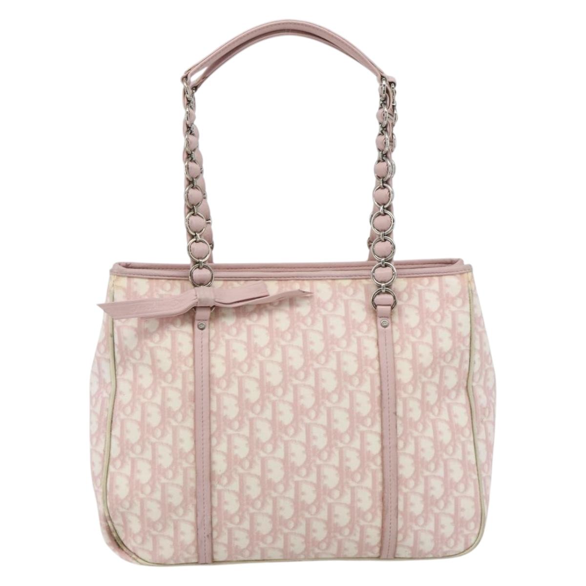 Christian Dior Trotter Canvas Romantic Tote Bag PVC Pink Silver Auth SW986